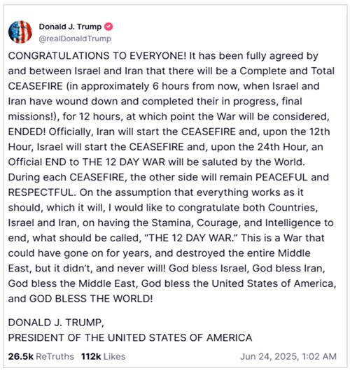 画像　停戦合意に関するトランプ大統領のトゥルース・ソーシャルでのコメント画面