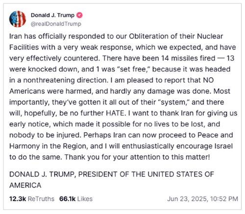画像　イランによるカタールの米空軍基地攻撃に関するトランプ大統領のトゥルース・ソーシャルでのコメント画面