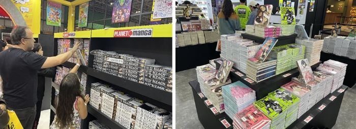 写真　（左）パニーニ・ブラジルのブースでマンガを手にする来場者、（右）NewPop出版のブース（ともにジェトロ撮影）