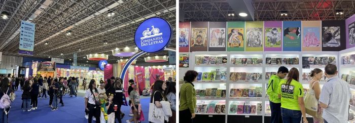 写真　（左）展示会場の様子、（右）展示会場で販売された幅広いジャンルのマンガ（ともにジェトロ撮影）