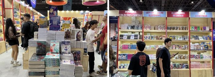 写真　（左）JBC出版のブース店頭で販売されるマンガ、（右）ジャンルごとに陳列されたマンガ（ともにジェトロ撮影）