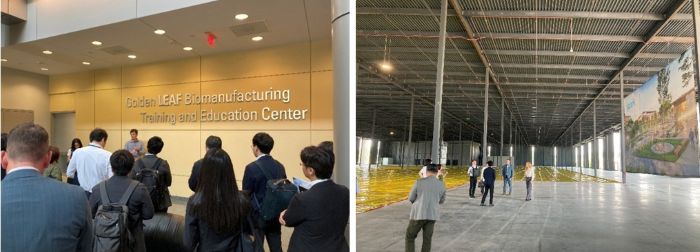 写真　BTEC（左）およびスパークLSで建設中の工場用施設、（右）視察の様子（ともにジェトロ撮影）