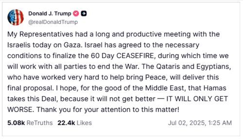 画像　イスラエルの停戦に必要な条件合意に関するトランプ大統領のトゥルース・ソーシャルでのコメント画面