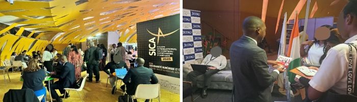 写真　アフリカ企業とビジネス交流（左）、ジェトロのブースで活発に意見交換（右）（ともにジェトロ撮影）