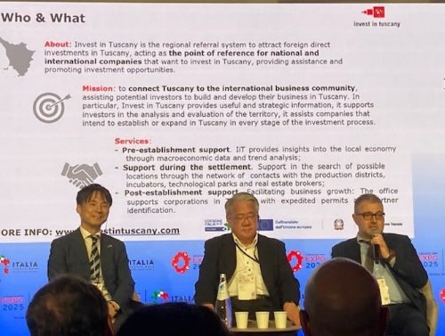 写真　ラウンドテーブルの右から、マルコ・ペローネ氏（トスカーナ州）、大久保稔氏（ヤンマー）、首藤將之氏（デルタテック）（ジェトロ撮影）