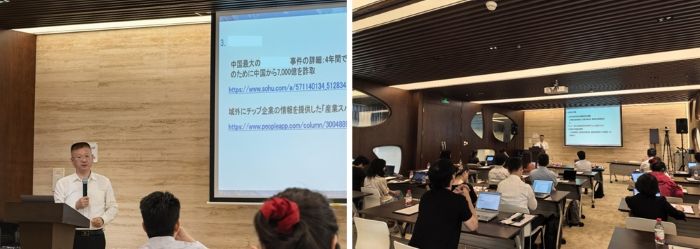 写真　（左）講演の様子、（右）ハイブリッド形式で開催したセミナー（ともにジェトロ撮影）