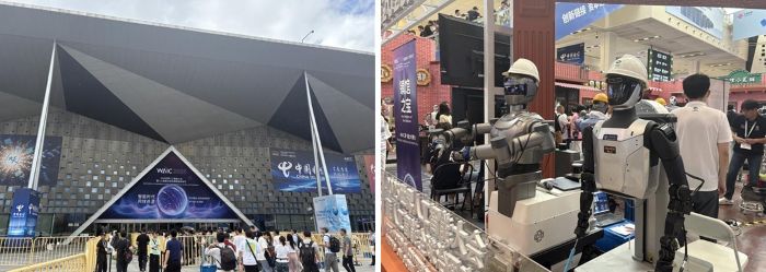 写真　（左）世界AI大会開催の様子、（右）人型ロボット作業員の展示（ジェトロ撮影）