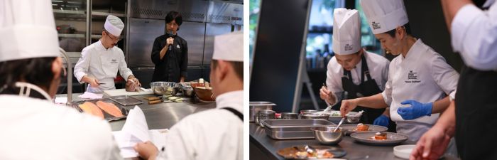 写真　（左）日本料理実習（中央：吉田シェフ）、（右）タイ料理実習（中央：ピヤパネーシェフ）（ともにジェトロ撮影）