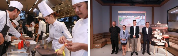 写真　（左）イタリア料理実習（右から2番目：コンフェンテシェフ）、（右）オープニングセレモニー（左から：井上講師、プンスントーン教務部長、森下次長、小林理事・事務局長）（ともにジェトロ撮影）