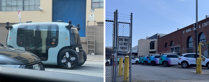 写真　（左）サンフランシスコ市内にてハンドル、ペダルなしのズークス車両、（右）従来型のトヨタハイランダー仕様のズークス車両（ともにジェトロ撮影）