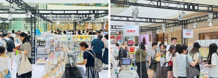 写真　2階売り場で消費者が商品を選ぶ様子と会計に並ぶ様子（ジェトロ撮影）