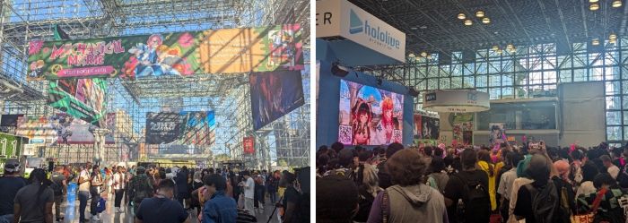 写真　会場の入り口（左）、VTuberによるライブステージ（右）（ともにジェトロ撮影）