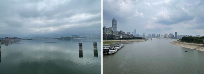 写真　貯水を開始した三峡ダム（左）、長江の支流漢江（右）（ともにジェトロ撮影）