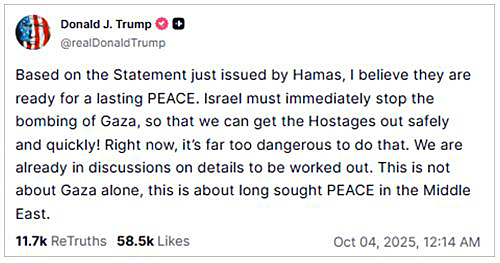 画像　ハマスの声明に対するトランプ大統領のトゥルース・ソーシャルでのコメント画面
