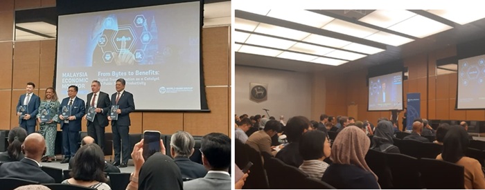 写真　レポートを発表する世界銀行担当者ら（左）とアミル・ハムザ第2財務相兼経済相代行のメッセージを視聴する参加者（右）（ともにジェトロ撮影）