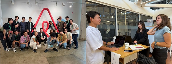 写真　（左）エアビーアンドビー訪問、（右）投資家とのスピードデイティング（ともにジェトロ撮影）
