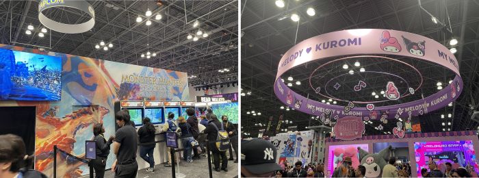 写真　（左）発売前ゲームのデモプレーを楽しむ来場者、（右）人気IPコンテンツの体験型ブース（ともにジェトロ撮影）