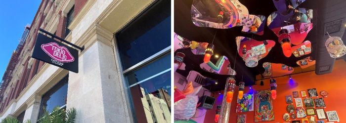 写真　店舗外観（左）、カラフルな店内と壁面ギャラリー（右）（ともにジェトロ撮影）