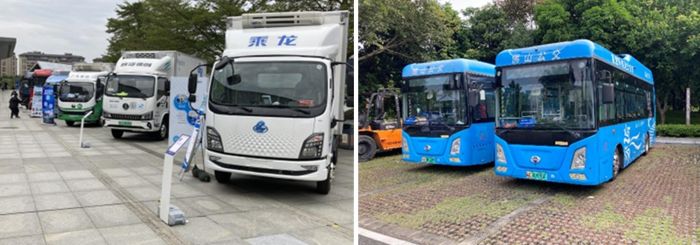 写真　屋外展示場（左）と来場者向けの水素燃料バス（ジェトロ撮影）