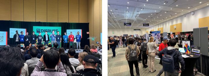 写真　（左）日本のスタートアップの登壇者たち、（右）日本のスタートアップの展示ブース（ともにジェトロ撮影）