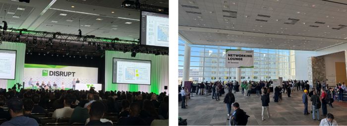 写真　（左）スタートアップ・ピッチコンテストの様子、（右）会場内の様子（ともにジェトロ撮影）