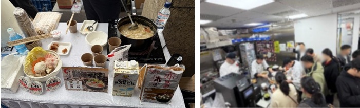 写真　（左）イベントに出展された鍋料理の様子、（右）鍋商材を使った料理作りの説明・実演の様子（ともにジェトロ撮影）