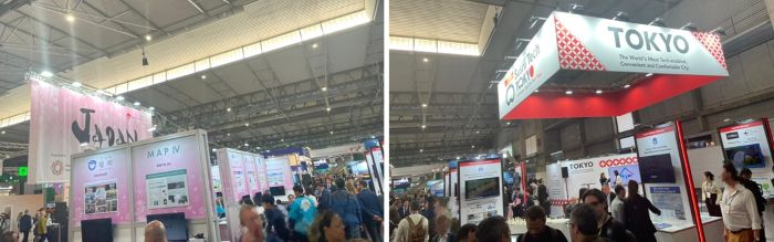 写真　ジャパンパビリオン（左）および東京都パビリオン（右）の出展ブース（ともにジェトロ撮影）