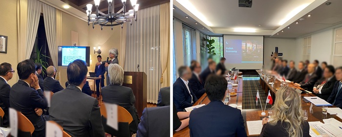 写真　（左）在ポーランド日本大使館でのブリーフィング、（右）レビアタンでの経済対話（ともにジェトロ撮影）