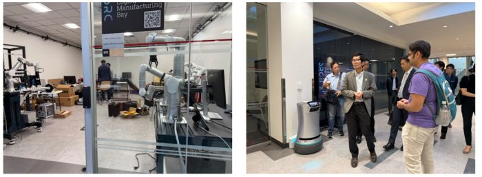 写真　（左）ロボットアームの実証現場、（右）施設内を見学する様子（ともにジェトロ撮影）