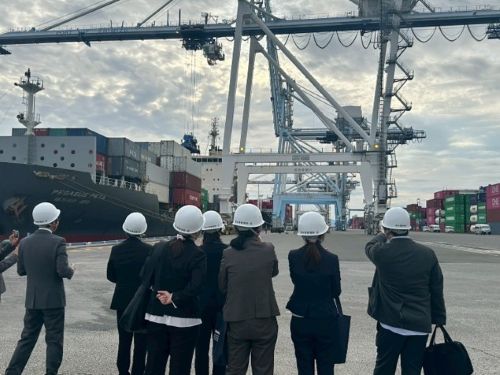 写真　ガントリークレーンによる荷役作業見学の様子（ジェトロ撮影）