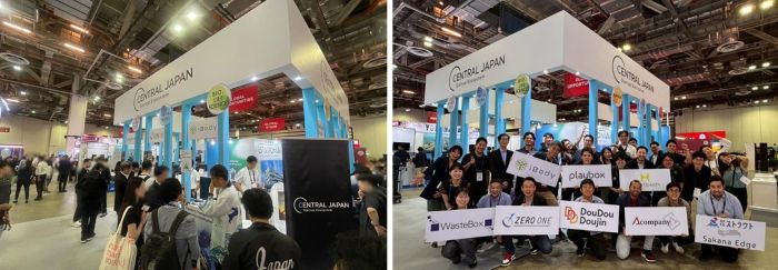 写真　ブース対応中の様子（左）、Central Japanブース関係者の集合写真（右）（ともにジェトロ撮影）