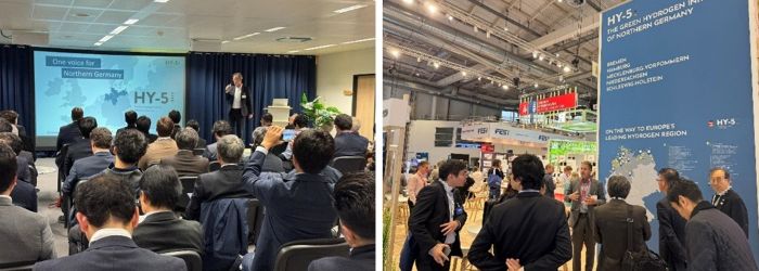 写真　ネットワーキングでHY-5の活動について説明する様子（左）とハンブルク州・ブレーメン州のブースツアーの様子（右）（ジェトロ撮影）