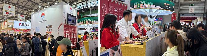 写真　（左）ジャパンパビリオンと全米輸ブースの様子、（右）全米輸のコメ・調味料PRの様子（ともにジェトロ撮影）