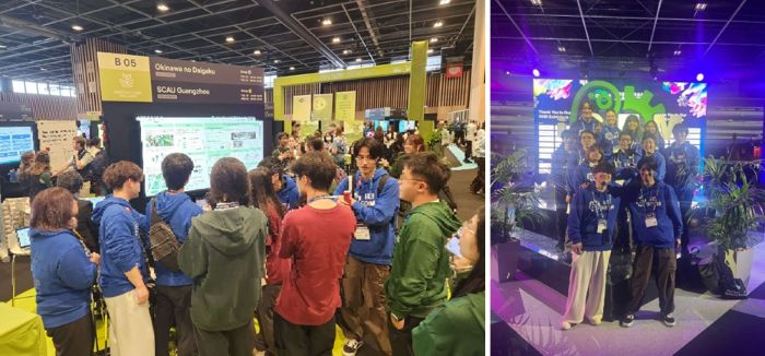 写真　iGEM Okinawaのチームブース（左）、iGEM Okinawaのチームメンバー（右）（ともにジェトロ撮影）