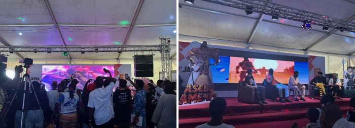 写真　会場内でのコンサート（左）、ナイジェリアとガーナのアニメ作品発表会（右）（ともにジェトロ撮影）