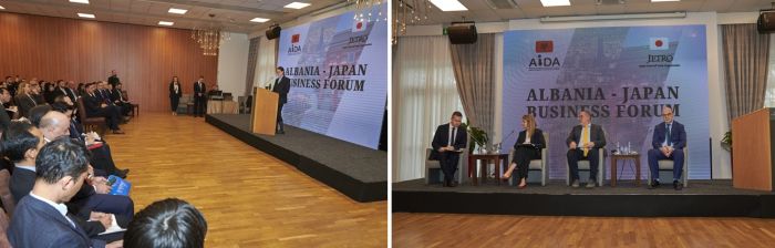 写真　イブラヒマイ経済・イノベーション相のあいさつ（左）と副大臣らの発表の様子（右）（ともにジェトロ撮影）