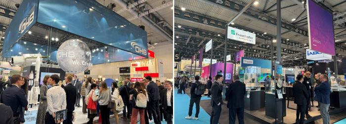 写真　ブレーメンに本社を置くOHBのブース（左）とフラウンホーファー研究機構のブース（右）（ジェトロ撮影）