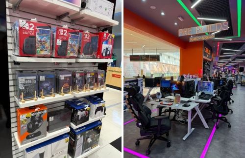 写真　任天堂のゲーム機（左）、eスポーツ関連商品（右）（ともにジェトロ撮影）