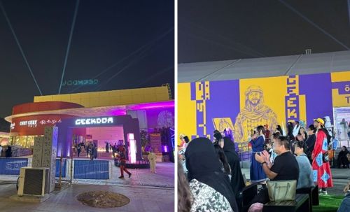 写真　Geekdom外観（左）、仮装した来場客（右）（ともにジェトロ撮影）