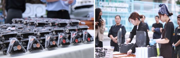 写真　20日提供されたおにぎり（左）、調理実演の様子（右）（ともにジェトロ撮影）