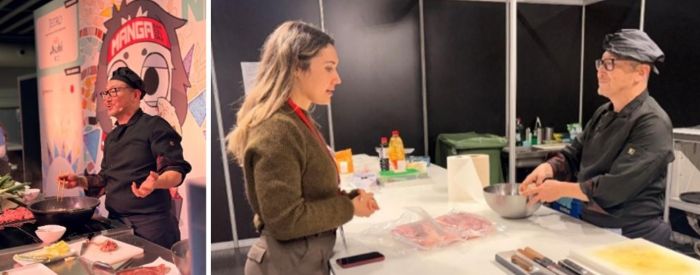 写真　「Noxe」小牟田料理長の調理実演（左）、小牟田氏へのインタビューの様子（右）（ともにジェトロ撮影）