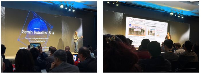 写真　（左）グーグルの基調講演、（右）日本のAIRoAの登壇（ともにジェトロ撮影）