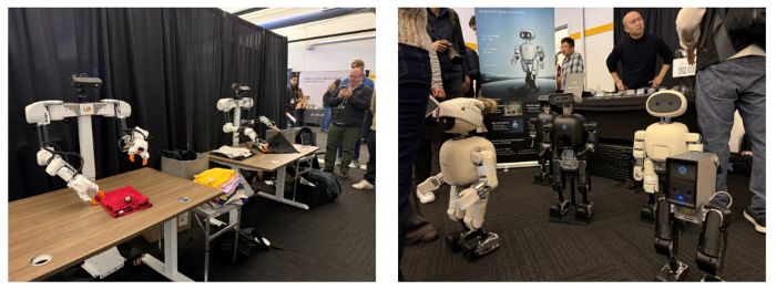 写真　（左）サンフランシスコ発スタートアップのTシャツを畳むデモ、（右）中国発スタートアップのヒューマノイド（ともにジェトロ撮影）