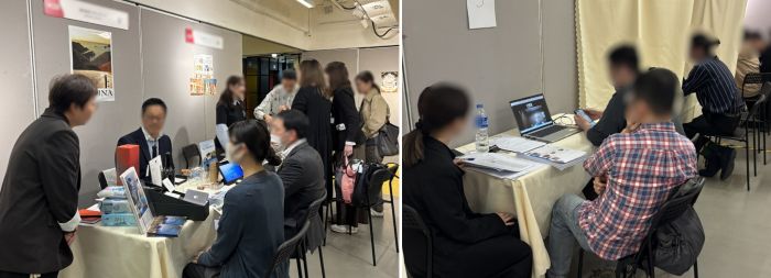 写真　バイヤーとの商談の様子（左）、オンライン商談の様子（右）（ともにジェトロ撮影）