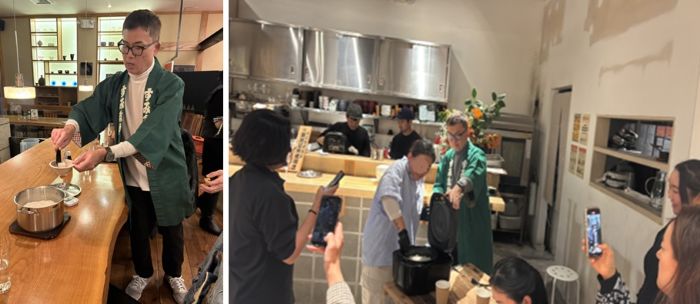 写真　（左）食べ比べの様子、（右）参加者が炊き立てのコメをほぐす様子（ともにジェトロ撮影）