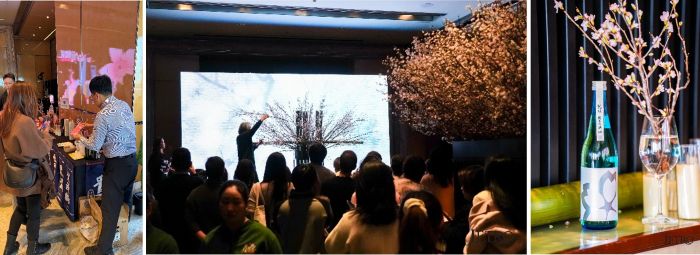 写真　（左）出展企業とバイヤーとの商談の様子、（中央）生け花ショーの様子、（右）日本酒と桜のペアリングの様子（全てジェトロ撮影）
