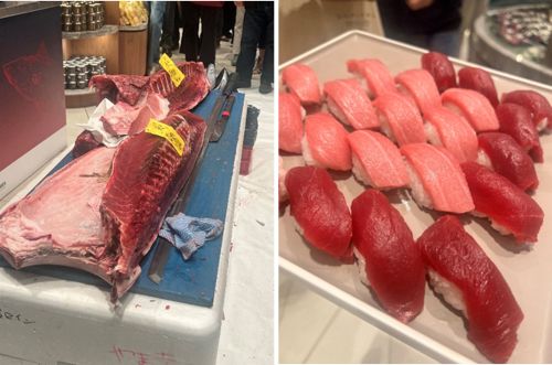 写真　（左）解体された青森県大間のマグロ、（右）さばかれたマグロを使って提供されたすし（ともにジェトロ撮影）