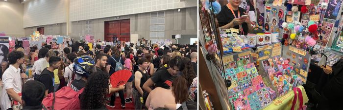 写真　（左）会場の様子、（右）盛況なキャラクターグッズの販売（ともにジェトロ撮影）