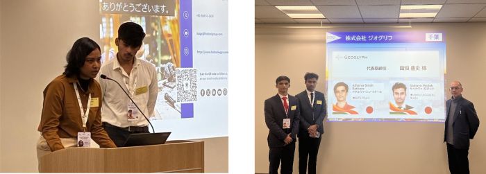 写真　（左）課題解決策の発表の様子（服部工業）、（右）ジオグリフ代表と課題解決策を発表した学生（ともにジェトロ撮影）
