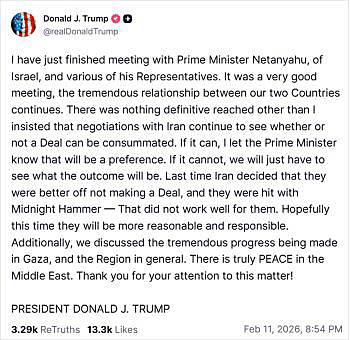 画像　首脳会談に関するトランプ米大統領の「トゥルース・ソーシャル」でのコメント画面（トゥルース・ソーシャルのトランプ大統領の公式アカウントより）